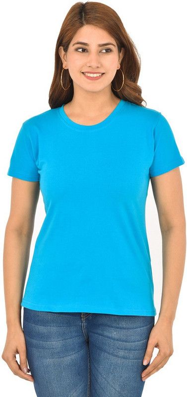 Women Solid Round Neck Pure Cotton Light Blue T-Shirt