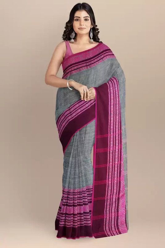 Embroidered Berhampuri Pure Cotton Saree  (Maroon, Grey)