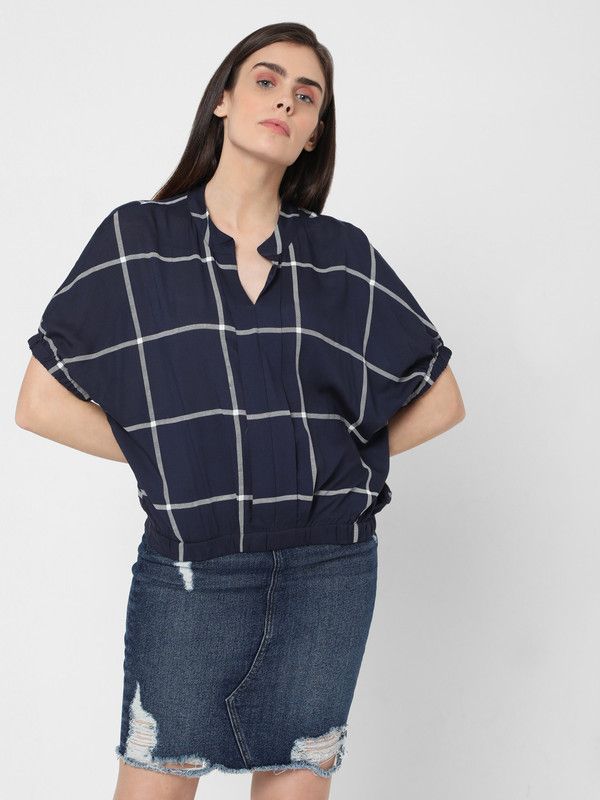 Casual Dolman Sleeve Checkered Women Dark Blue Top