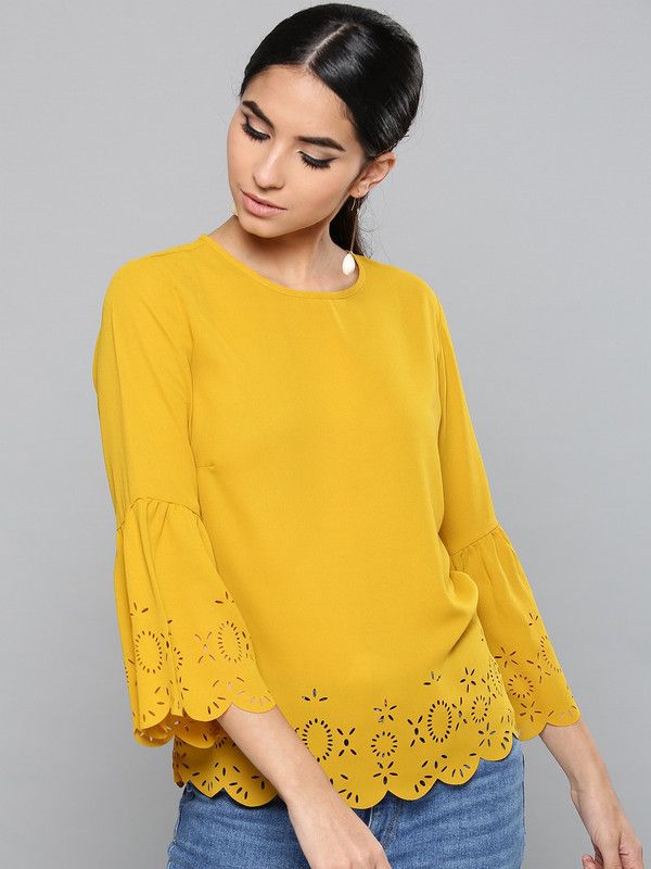 Casual Bell Sleeves Laser Cut Women Yellow Top