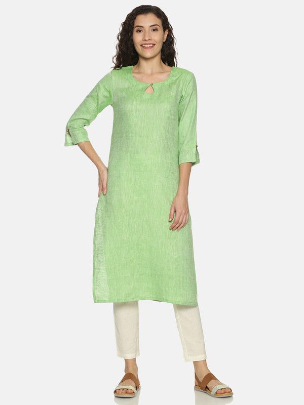 Women Solid Hemp Straight Kurta  (Green)