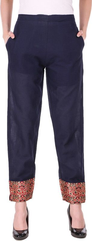 Women Regular Fit Blue Cotton Silk Trousers