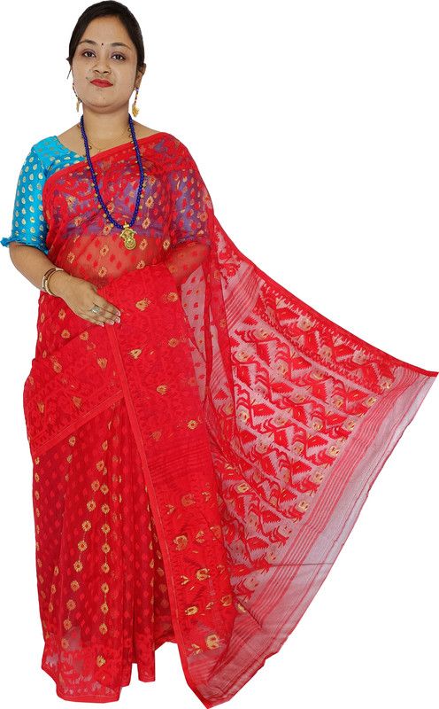 Woven Fashion Pure Cotton Saree  (Red)