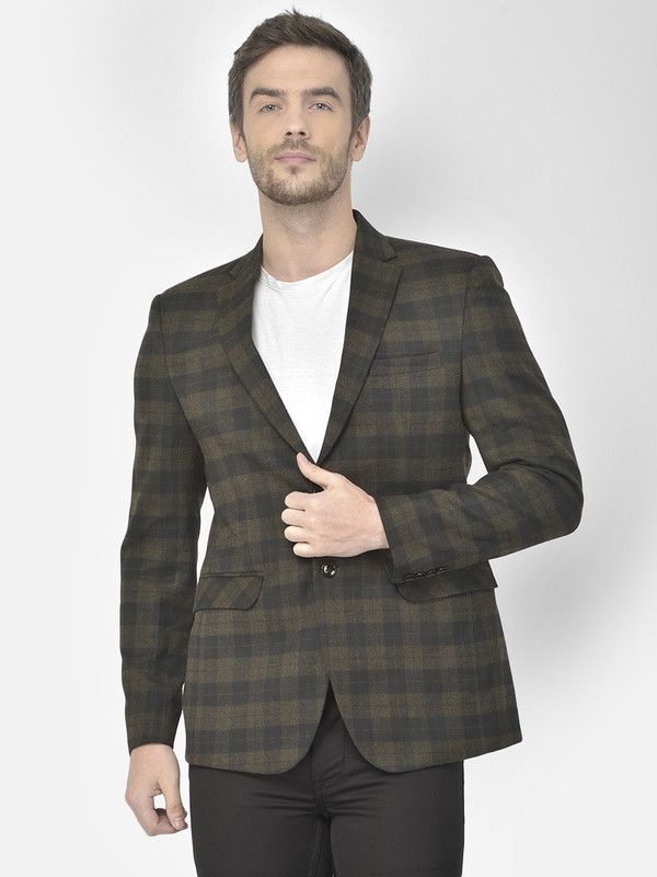 Men Checkered Single Breasted Casual Blazer  (Brown, Black)