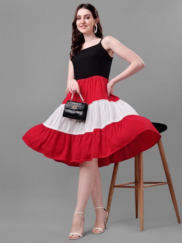 Women Fit and Flare Black, Red, White Dress