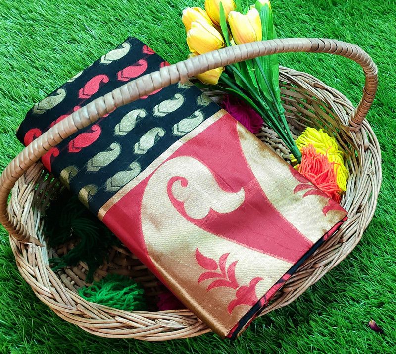 Striped, Polka Print Jamdani Cotton Blend Saree  (Red)
