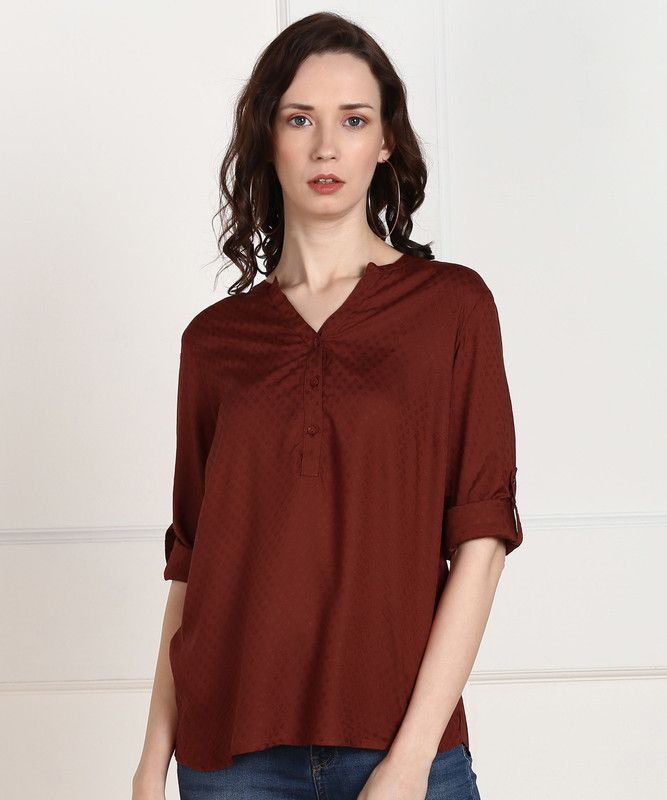 Casual Roll Up Sleeves Self Design Women Maroon Top