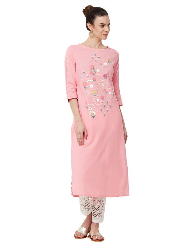 Women Printed Cotton Linen Straight Kurta  (Pink)