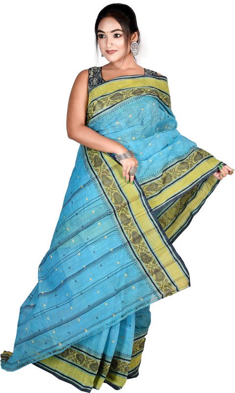 Handloom Pure Cotton Saree  (Light Blue)