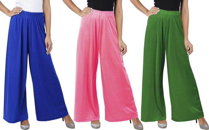 Pack of 3 Women Flared Blue, Pink, Green Cotton Blend Trousers