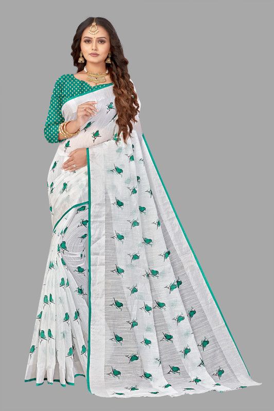 Fashion Cotton Linen Saree  (Green, White)