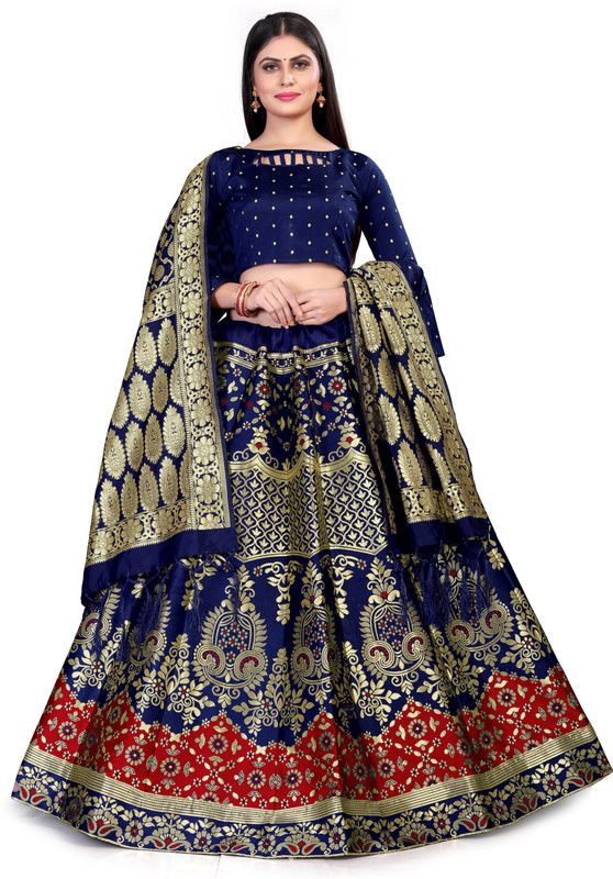 Printed Semi Stitched Lehenga Choli  (Red, Blue)