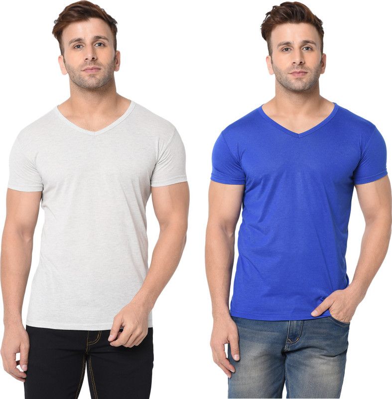 Pack of 2 Solid Color Combo Men Solid V Neck Cotton Blend Blue, Grey T-Shirt