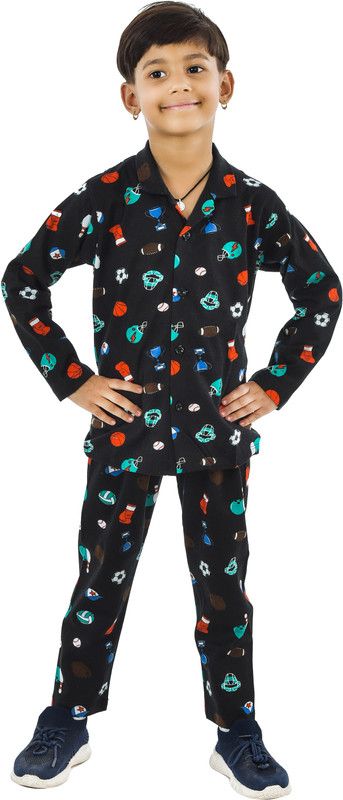 Baby Boys & Baby Girls Printed Pure Cotton Kids Nightwear  (Black Pack of 1)