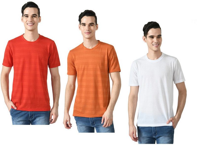 Pack of 3 Men Striped Round Neck Polyester Red, White, Orange T-Shirt