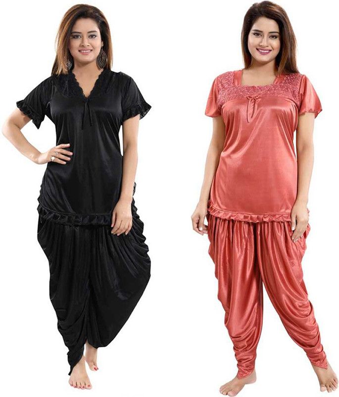 Women Top & Pyjama Set Black, Brown Solid