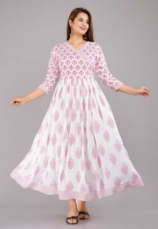 Rayon Blend Stitched Anarkali Gown  (Pink, White)