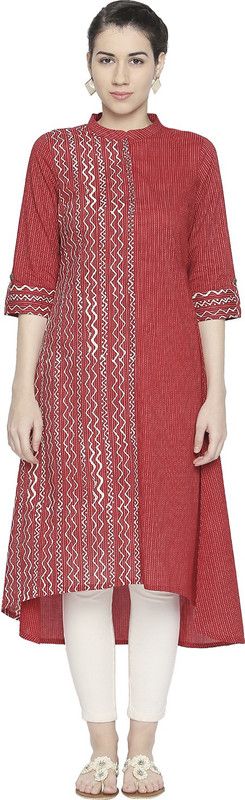 Women Self Design Cotton Blend Flared Kurta  (Red)