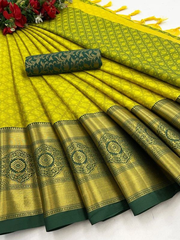 Printed Kanjivaram Cotton Silk, Art Silk Saree  (Beige, Green)