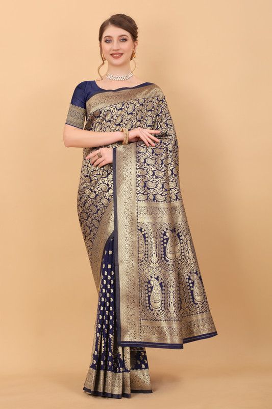 Printed Banarasi Jacquard, Cotton Silk Saree  (Dark Blue, Gold)