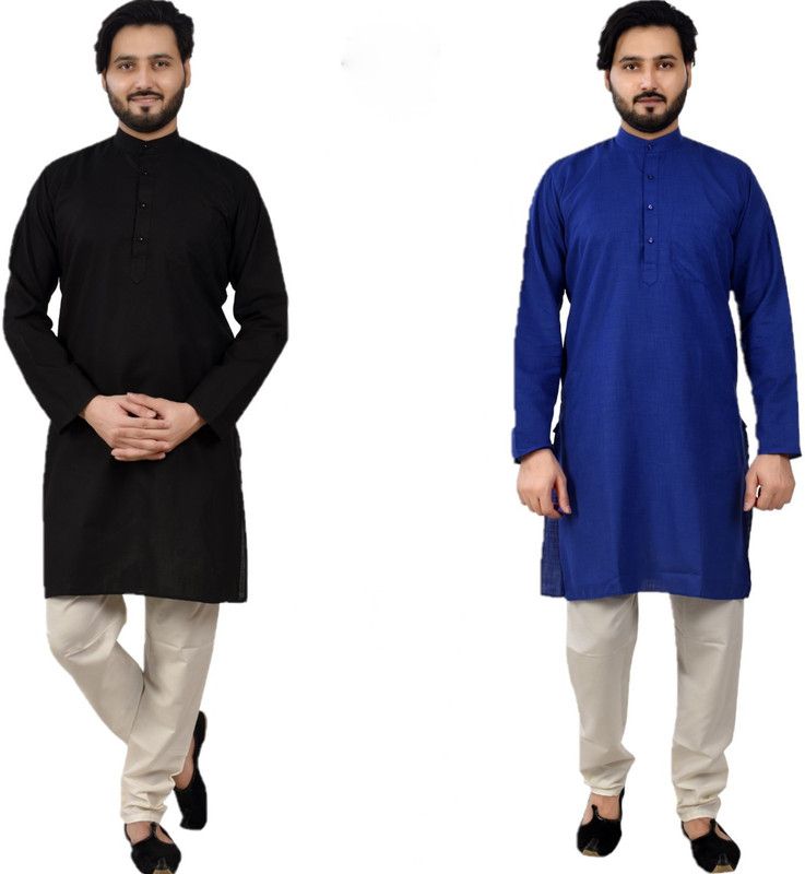Pack of 2 Men Solid Cotton Blend Straight Kurta  (Blue, Black)
