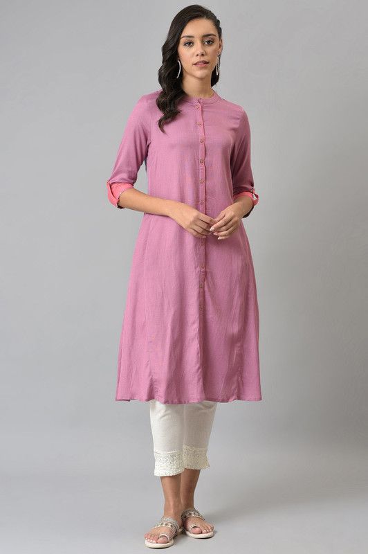 Women Solid Viscose Rayon Flared Kurta  (Pink)