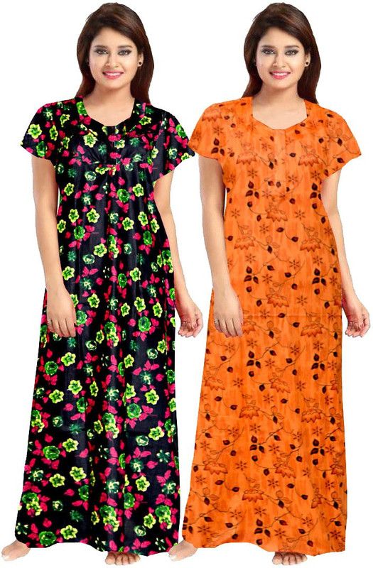 Women Night Dress  (Black, Orange)