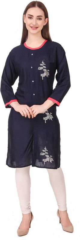 Women Embroidered Cotton Blend A-line Kurta  (Dark Blue)