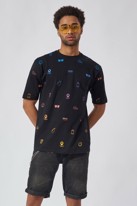 Men Printed Round Neck Pure Cotton Black, Blue T-Shirt