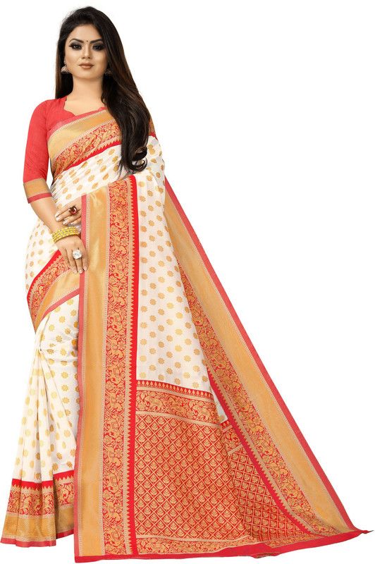 Woven Banarasi Jacquard, Satin Saree  (Red, White)