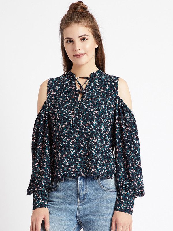 Casual Cold Shoulder Sleeves Printed, Floral Print Women Dark Blue Top