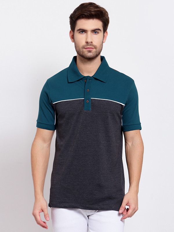 Men Color Block Polo Neck Cotton Blend Green, Grey T-Shirt