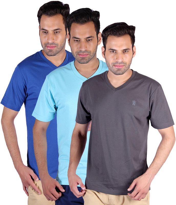 Pack of 3 Men Solid V Neck Poly Cotton Multicolor T-Shirt