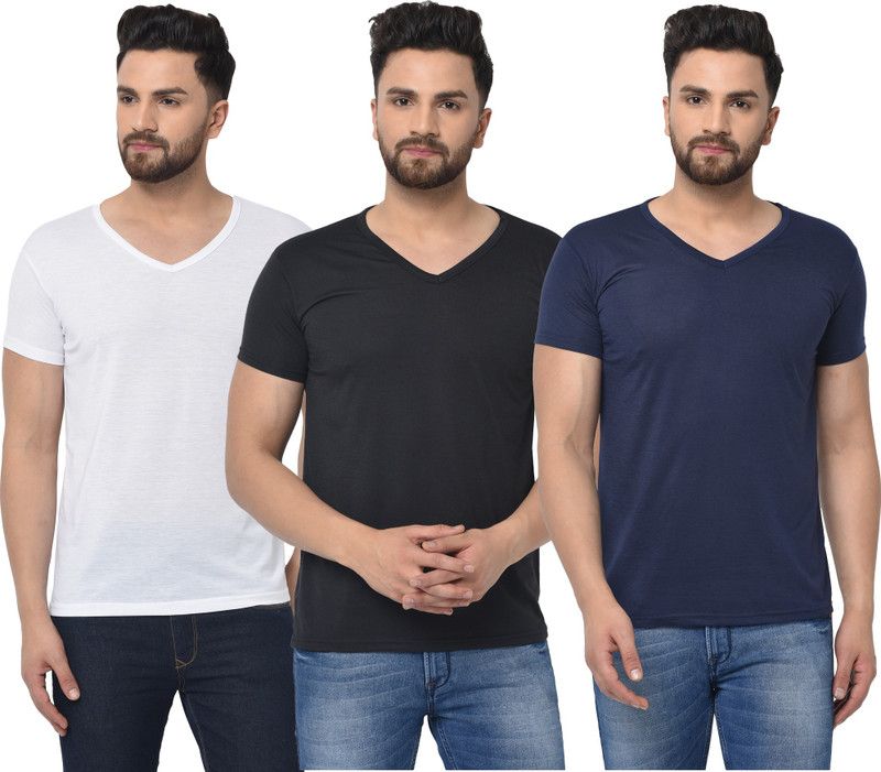 Pack of 3 V neck Combo T-shirts Multicolor Men Solid V Neck Cotton Blend Dark Blue, White, Black T-Shirt