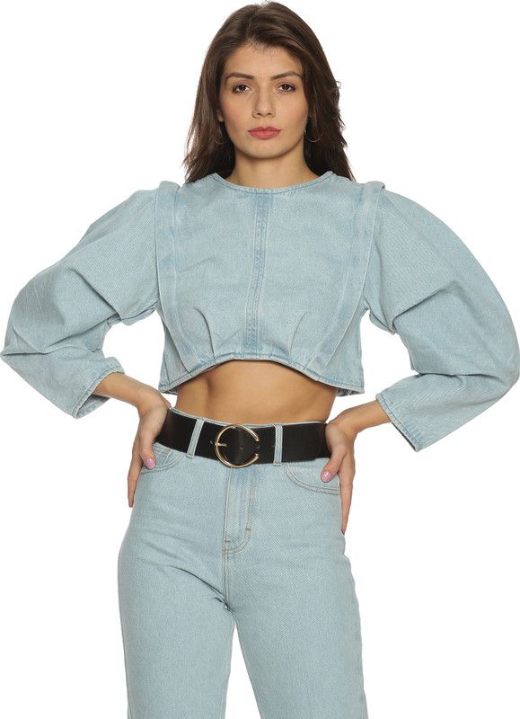 Casual Puff Sleeves Floral Print Women Blue Top