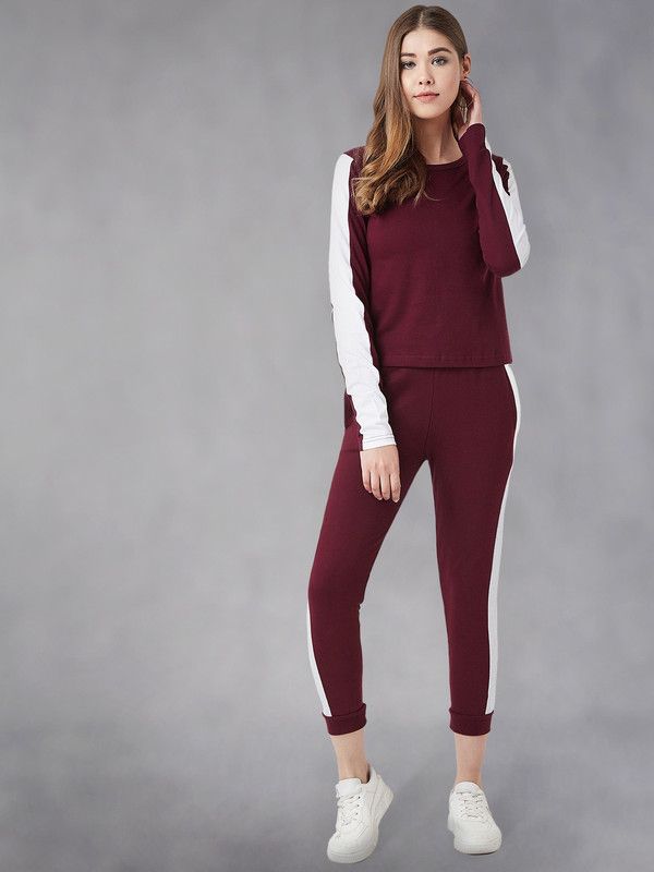 Women Top & Pyjama Set Maroon Solid
