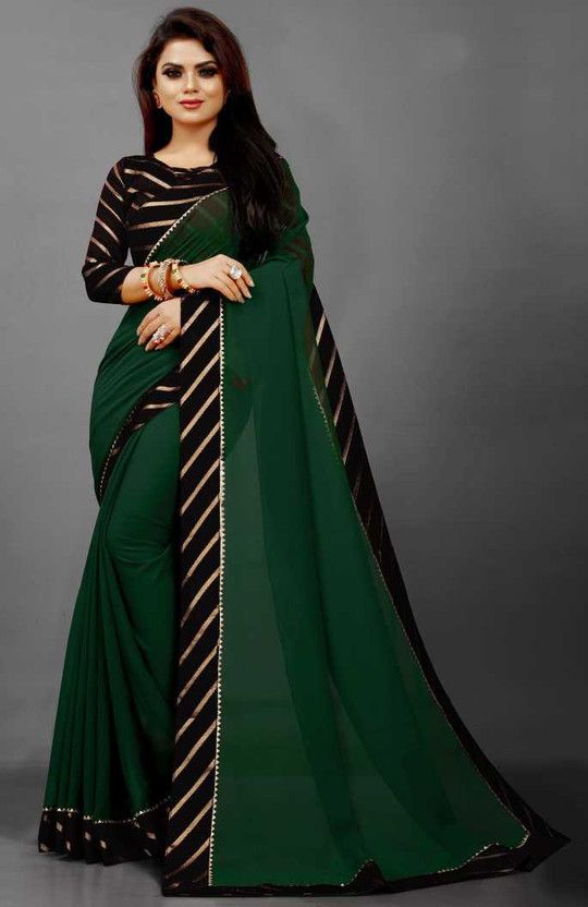 Striped, Solid/Plain Leheria Art Silk Saree  (Green, Black)