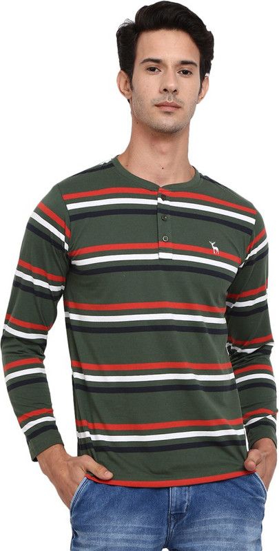 Men Striped Henley Neck Pure Cotton Green T-Shirt