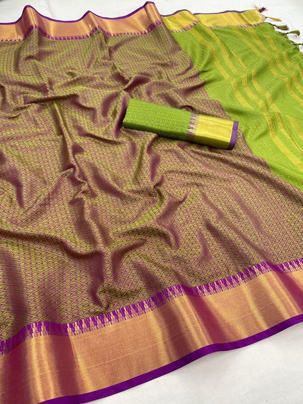 Woven Maheshwari Cotton Blend, Cotton Silk Saree  (Purple, Green)