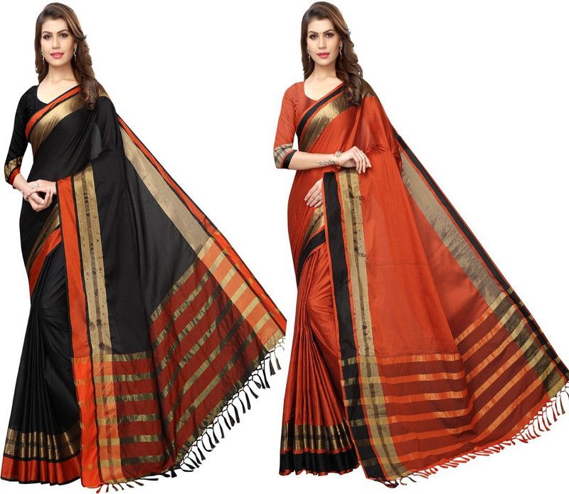 Maheshwari Art Silk, Cotton Silk Saree  (Pack of 2, Black, Orange)