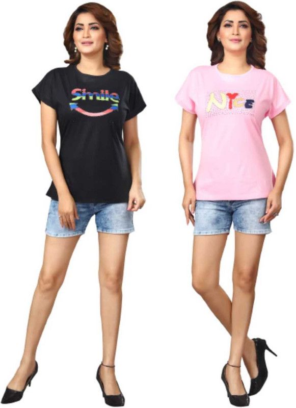 Pack of 2 Pack of 2 Solid Women Round Neck Pink, Red T-shirt Women Printed Round Neck Pure Cotton Black, Pink T-Shirt