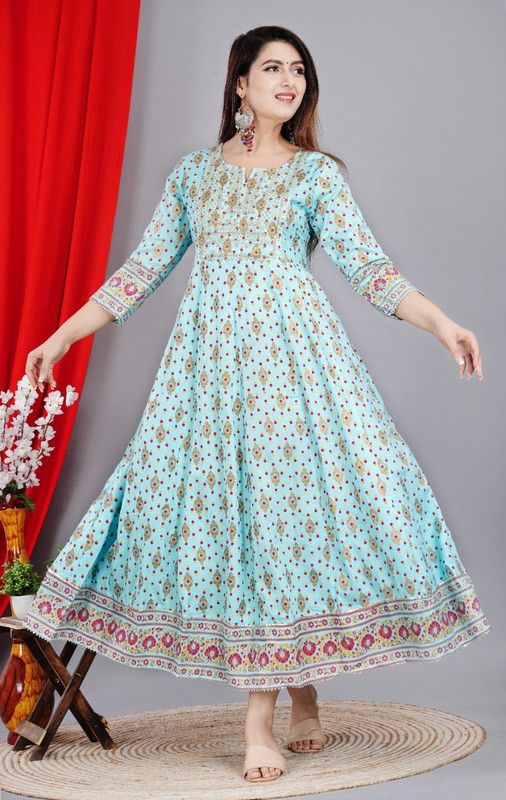 Women Floral Print Viscose Rayon Anarkali Kurta  (Multicolor, Light Blue)