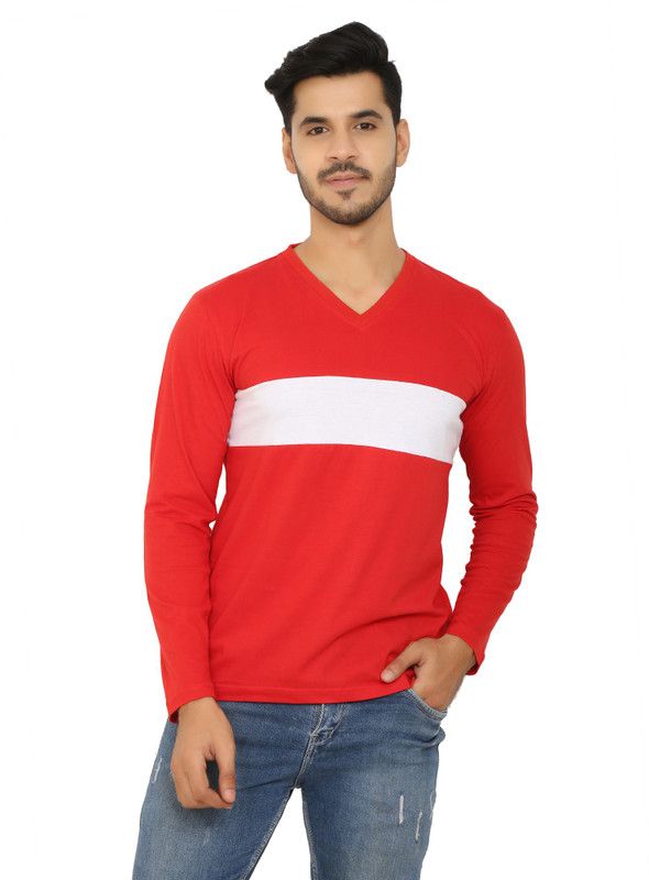 FREQUE SOLID V-NECK RED WITH WHITE STRIPE FULL SLEEVE STYLISH T-SHIRT Men Solid V Neck Cotton Blend Red, White T-Shirt