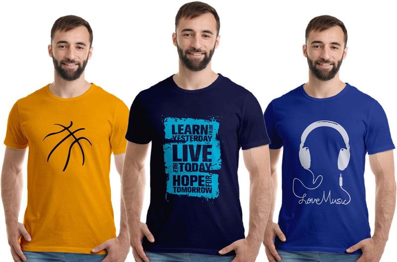 Pack of 3 Men Graphic Print Round Neck Cotton Blend Dark Blue, Light Blue, Yellow T-Shirt