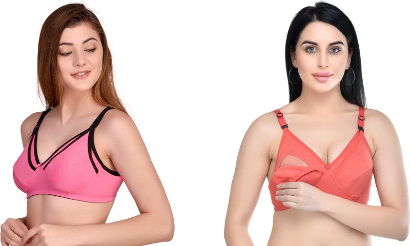 Pack of 2 Women Maternity/Nursing Non Padded Bra  (Pink, Blue)