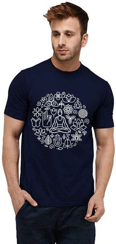 Yoga Flower Men Printed Round Neck Pure Cotton Dark Blue T-Shirt