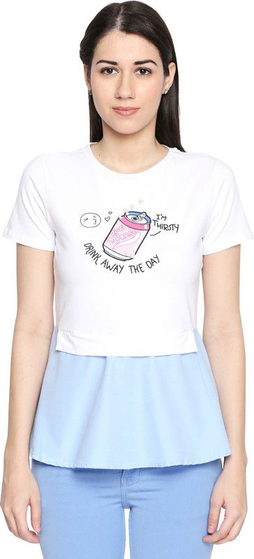 Casual Regular Sleeves Printed Women Light Blue, White Top