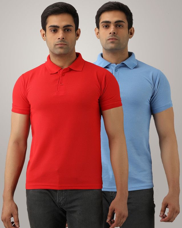 Pack of 2 Men Solid Polo Neck Pure Cotton Red, Blue T-Shirt
