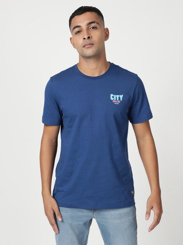 Men Typography, Printed Round Neck Pure Cotton Blue T-Shirt
