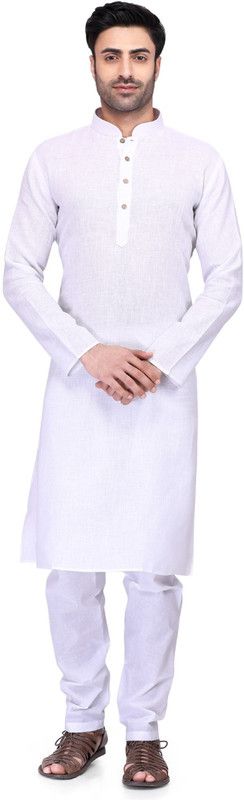 Men Solid Cotton Linen Straight Kurta  (White)
